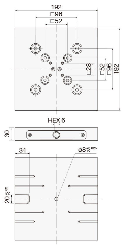 Technical dimensions for M-52/96 (8287G) Combo Plate: Multi-pitch Zero-Point specifications (52mm and 96mm)